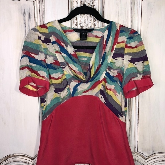 Marc by Marc Jacobs Short Sleeve Peplum Cut Multi Color 100% Silk Blouse - Picture 1 of 6